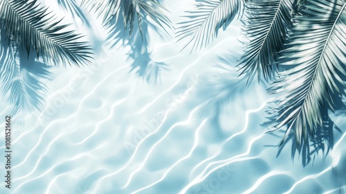Soft shadows of palm leaves cast on a rippling pool surface, creating a serene summer vibe with blue and white hues, perfect for a refreshing banner with copy space.