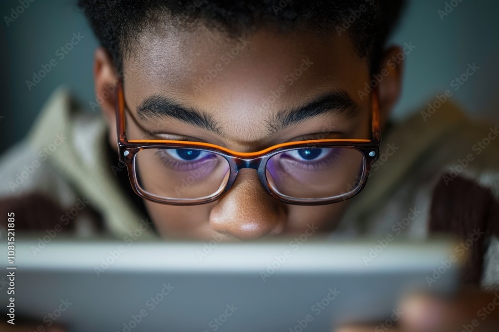 A student wearing eyeglasses and focusing on a tablet during an online class, symbolizing education, focus, and digital learning A student wearing eyeglasses and focusing on a tablet during an online class, symbolizing education, focus, and digital learning
