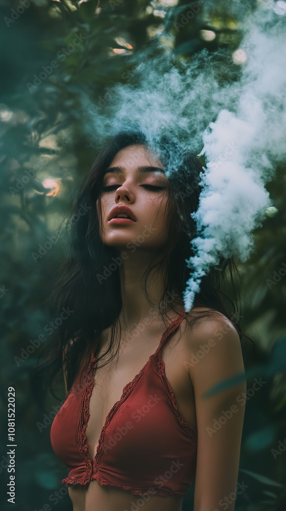 Sensual Portrait of a Woman in Red Lingerie with Smoke and Fog in a Forest Sensual Portrait of a Woman in Red Lingerie with Smoke and Fog in a Forest