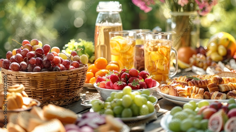 Summer picnic table with fresh fruit, pastries and lemonade. Summer picnic table with fresh fruit, pastries and lemonade.