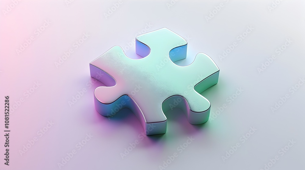 Fototapeta premium Minimalist 3D Puzzle Piece Icon with Green and Purple Gradient Shades on White Background
