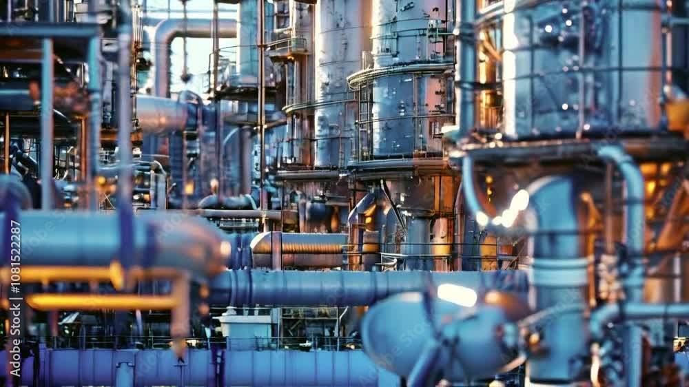 Industrial scene featuring complex pipes and machinery in a manufacturing facility. Industrial scene featuring complex pipes and machinery in a manufacturing facility.