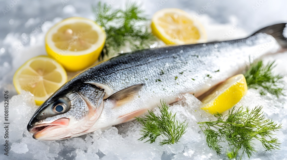 Fresh fish on ice with lemon slices and dill, showcasing vibrant colors and textures. Perfect for culinary presentations or seafood dishes Fresh fish on ice with lemon slices and dill, showcasing vibrant colors and textures. Perfect for culinary presentations or seafood dishes