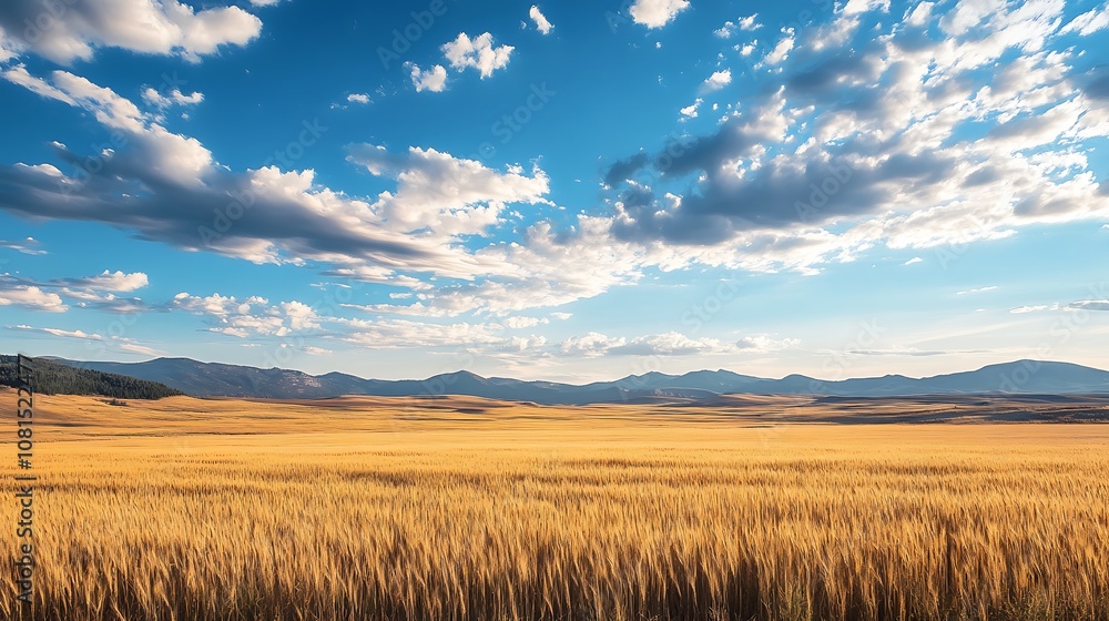 Golden wheat field under a blue sky with white fluffy clouds. Scenic rural landscape photography Golden wheat field under a blue sky with white fluffy clouds. Scenic rural landscape photography
