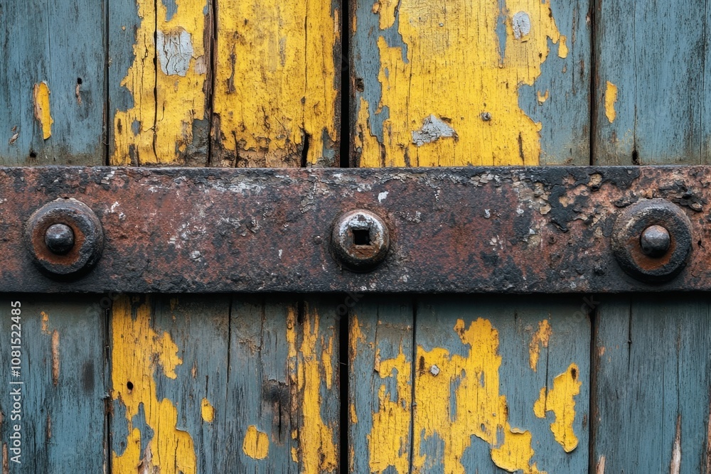 Close-up of a rusty metal hinge on weathered wooden door. Close-up of a rusty metal hinge on weathered wooden door.