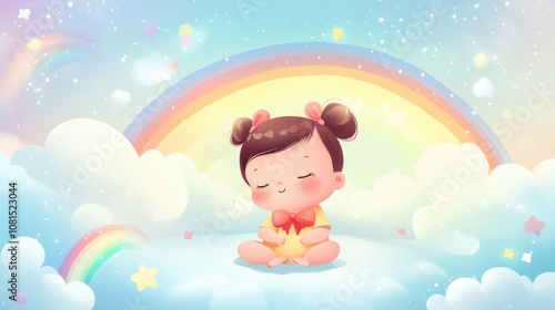 Cute cartoon baby girl wearing a bow, with a background of gentle clouds and rainbows