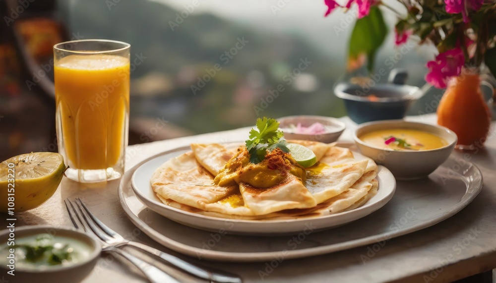 A Vibrant Spread of Fresh Roti Canai with Curry, Paired with Freshly Squeezed Juice and Garnishes, Captured in Soft Natural Light on a Minimalist Table Setting A Vibrant Spread of Fresh Roti Canai with Curry, Paired with Freshly Squeezed Juice and Garnishes, Captured in Soft Natural Light on a Minimalist Table Setting