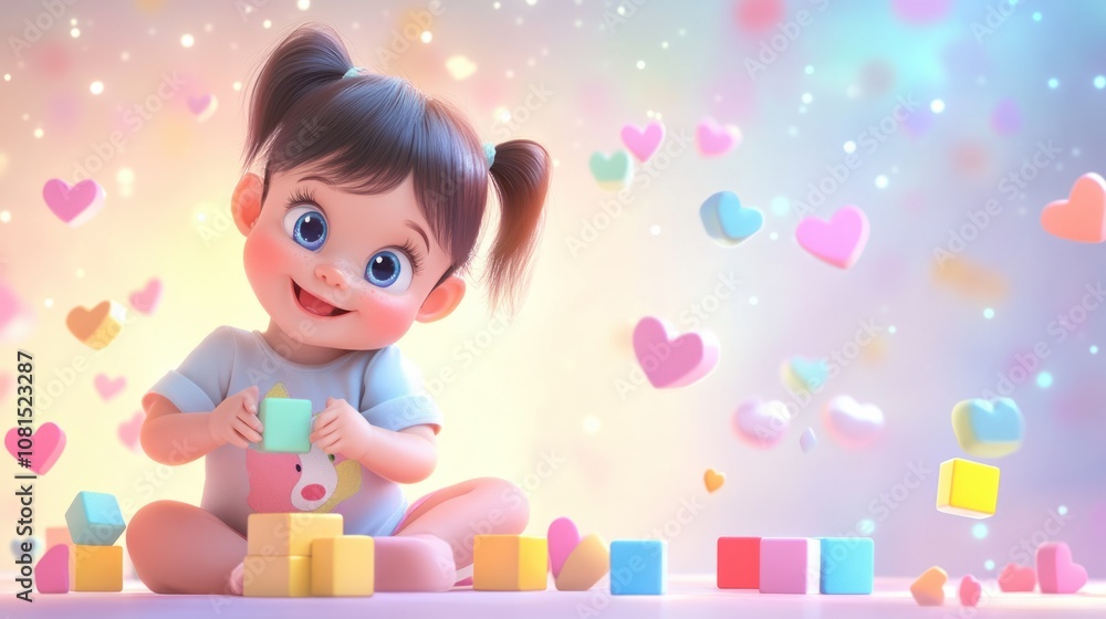 Happy cartoon baby girl playing with blocks, surrounded by pastel hearts and stars Happy cartoon baby girl playing with blocks, surrounded by pastel hearts and stars