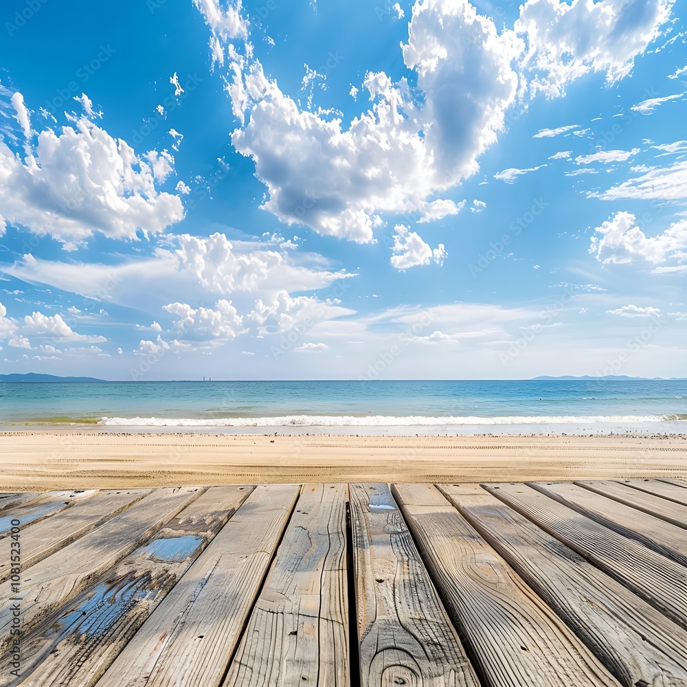 Serene beach scene with wooden boardwalk, turquoise ocean, and clear blue sky Serene beach scene with wooden boardwalk, turquoise ocean, and clear blue sky