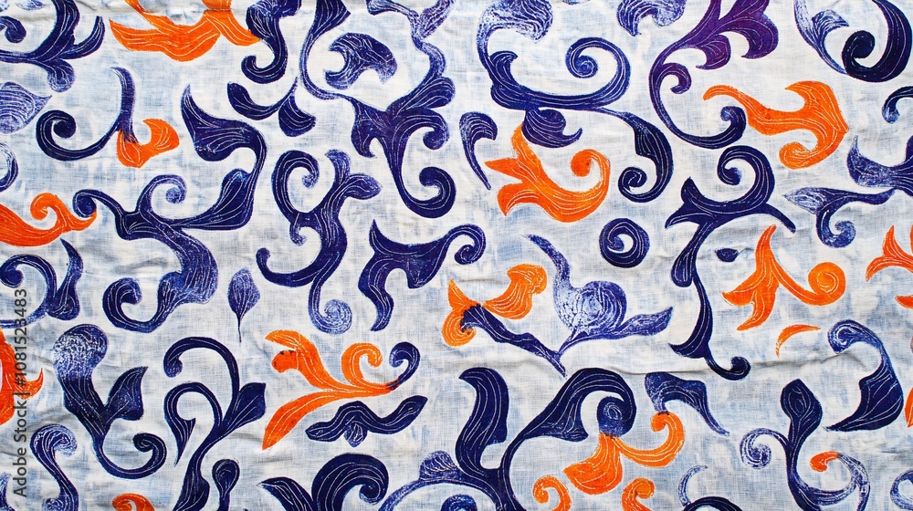 elegant batik-inspired panorama unfolds on cotton saree, pale blue, dark purple, and orange tendrils intertwine, organic swirls evoke textile artistry elegant batik-inspired panorama unfolds on cotton saree, pale blue, dark purple, and orange tendrils intertwine, organic swirls evoke textile artistry