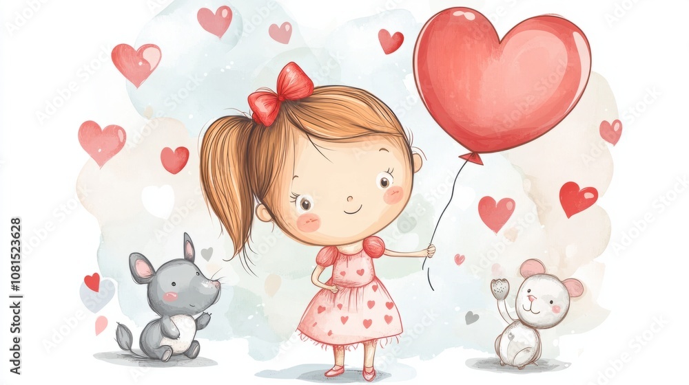 Sweet cartoon baby girl holding a balloon, with a background of hearts and cute animals Sweet cartoon baby girl holding a balloon, with a background of hearts and cute animals