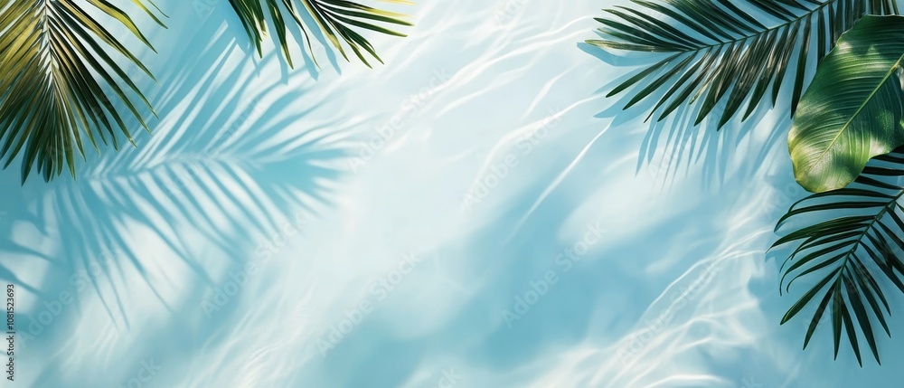 Soft shadows of palm leaves cast on a rippling pool surface, creating a serene summer vibe with blue and white hues, perfect for a refreshing banner with copy space. Soft shadows of palm leaves cast on a rippling pool surface, creating a serene summer vibe with blue and white hues, perfect for a refreshing banner with copy space.