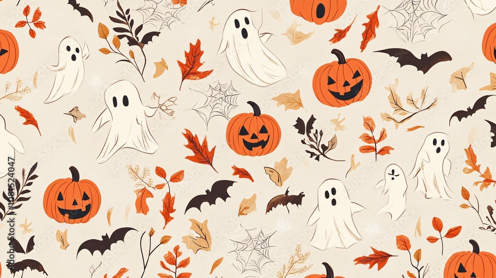 hand-sketched ghosts dance with grinning pumpkins, weaving between delicate spiderwebs and swirling autumn leaves vintage-inspired color palette adds eerie charm seamless pattern creates mesmerizing, hand-sketched ghosts dance with grinning pumpkins, weaving between delicate spiderwebs and swirling autumn leaves vintage-inspired color palette adds eerie charm seamless pattern creates mesmerizing,