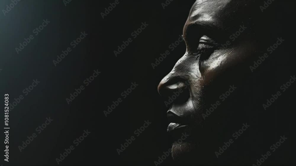 A dramatic profile of a person against a dark background, conveying emotion and depth. A dramatic profile of a person against a dark background, conveying emotion and depth.