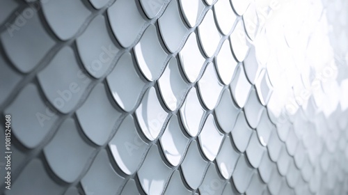 gleaming fish scale mosaic tiles tessellate across a curved wall each semi-glossy block reflects light uniquely, creating an illusion of depth concrete texture adds industrial edge to this sci-fi