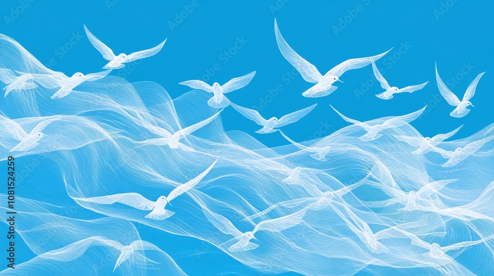 graceful swallows soar through minimalist sky, hand-drawn line art creates abstract avian ballet, versatile wallpaper elevates interior design