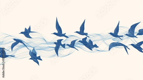 Fototapeta Naklejka Na Ścianę i Meble -  graceful swallows soar through minimalist sky, hand-drawn line art creates abstract avian ballet, versatile wallpaper elevates interior design