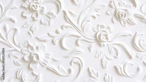 intricate 3d stucco relief casts subtle shadows, pristine white surface showcases delicate patterns, light play enhances depth of decorative wallpaper