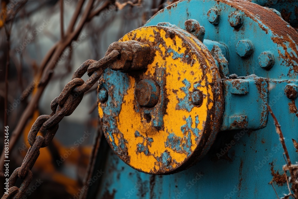 Closeup of rusty blue and yellow metal with chain. Closeup of rusty blue and yellow metal with chain.