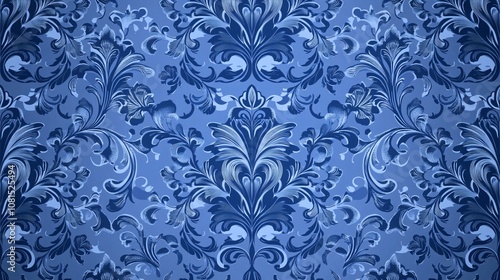 regal damask pattern in shades of sapphire and cerulean, overlaid on a deep blue vector background intricate scrollwork and floral motifs intertwine, creating a luxurious tapestry effect subtle photo