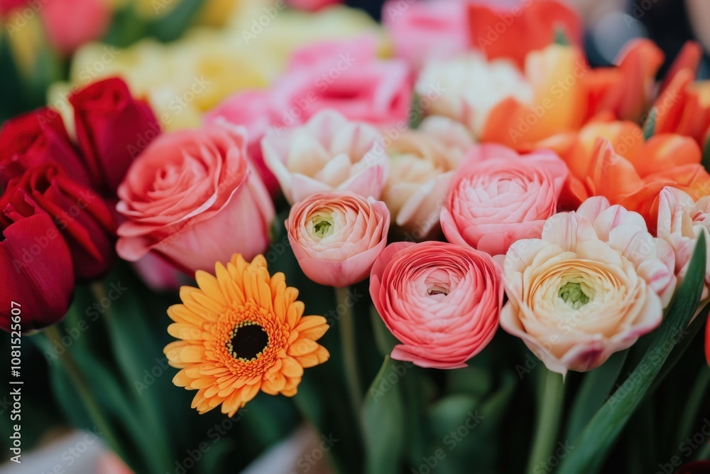 Fototapeta premium Colorful bouquet of tulips, ranunculus, and a single gerbera daisy.