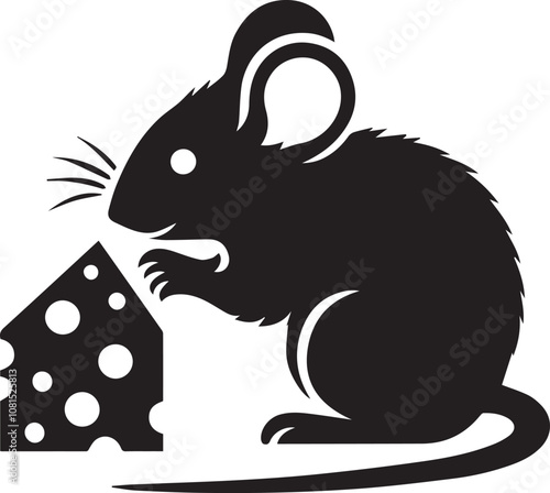 Mouse silhouette nibbling on a piece of cheese with tiny paws