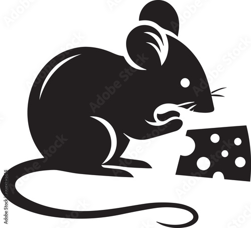 Mouse silhouette nibbling on a piece of cheese with tiny paws