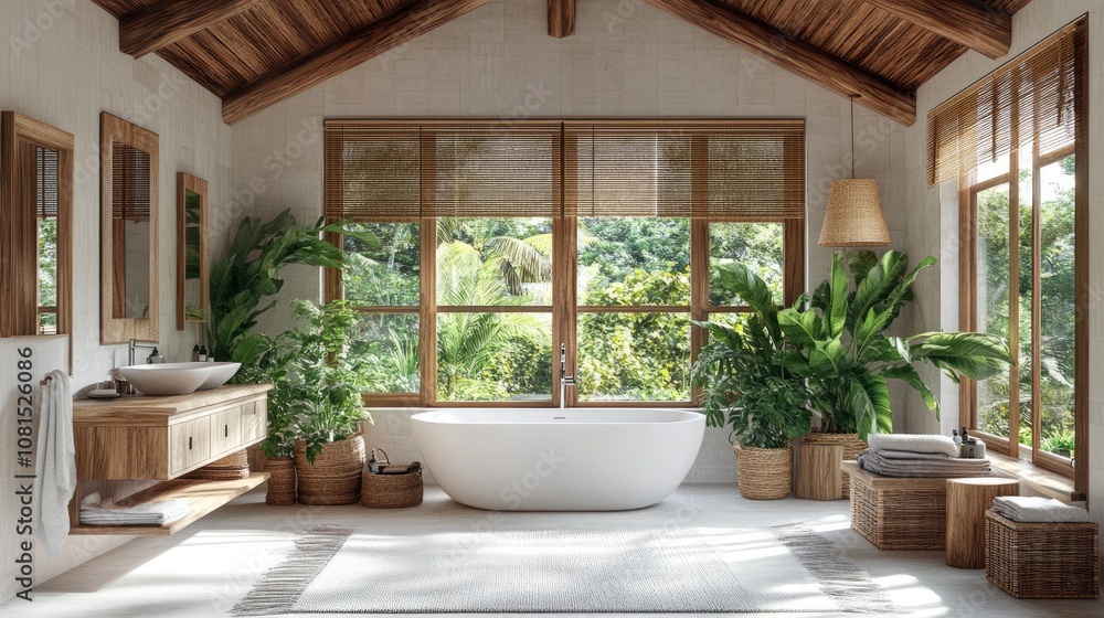 Fototapeta premium Stylish Eco-Friendly Bathroom with Lush Greenery and Natural Light