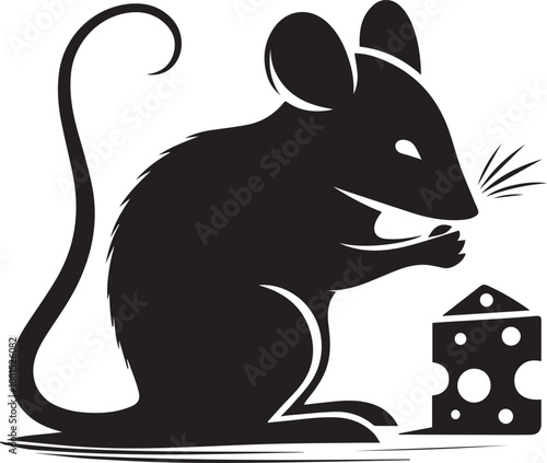 Mouse silhouette nibbling on a piece of cheese with tiny paws