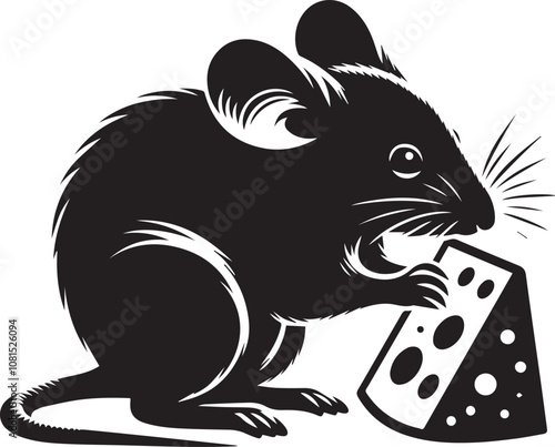 Mouse silhouette nibbling on a piece of cheese with tiny paws