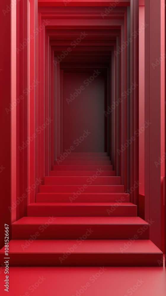 A surreal red corridor with steps leading into a dark space. A surreal red corridor with steps leading into a dark space.