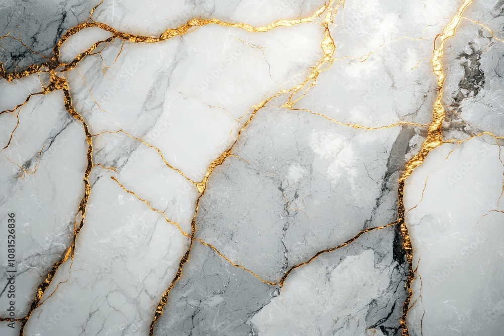 Discover the elegance of a white marble surface enhanced by flowing gold and gray veins Discover the elegance of a white marble surface enhanced by flowing gold and gray veins