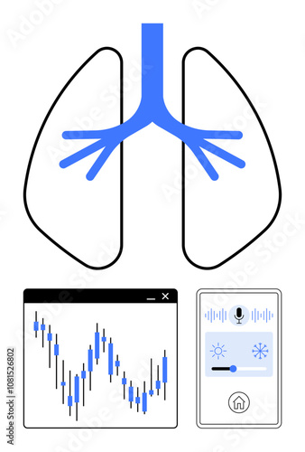 Lung diagram with bronchial tubes, stock market data chart, mobile app showing health monitoring screen. Ideal for healthcare, data analysis, medical research, telemedicine, mobile health apps