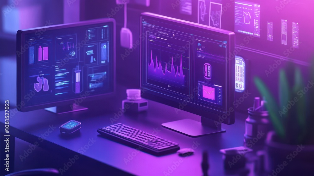 A modern workspace with two computer monitors displaying data and graphs, a keyboard, mouse, a plant, and a water bottle on a desk lit with purple and blue neon lights. A modern workspace with two computer monitors displaying data and graphs, a keyboard, mouse, a plant, and a water bottle on a desk lit with purple and blue neon lights.