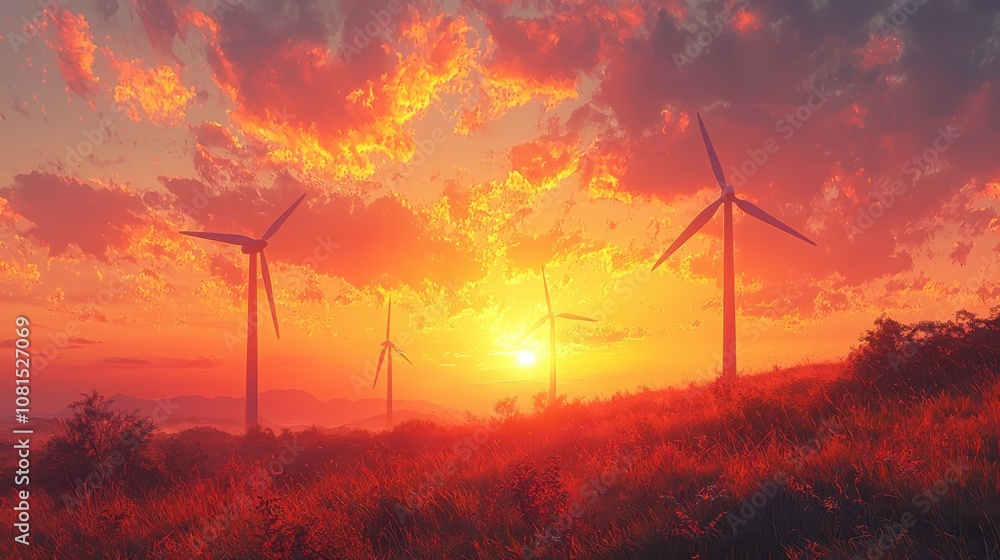 Obraz premium Wind turbines generate clean energy on hillside at sunset amidst vibrant skies