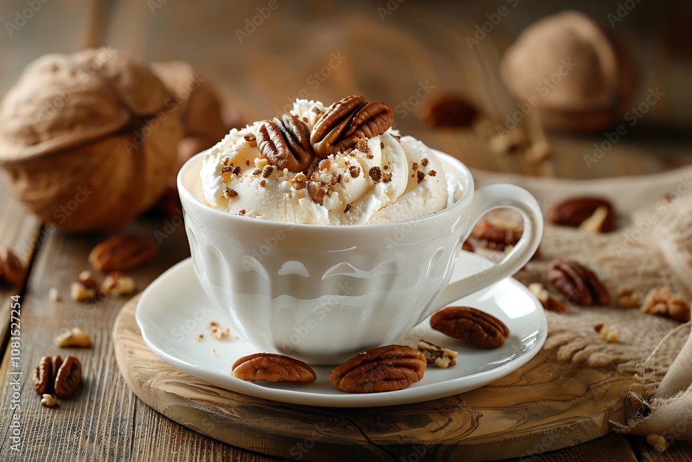 Close-up of vanilla ice cream with pecans in a white ceramic cup on a rustic table Close-up of vanilla ice cream with pecans in a white ceramic cup on a rustic table