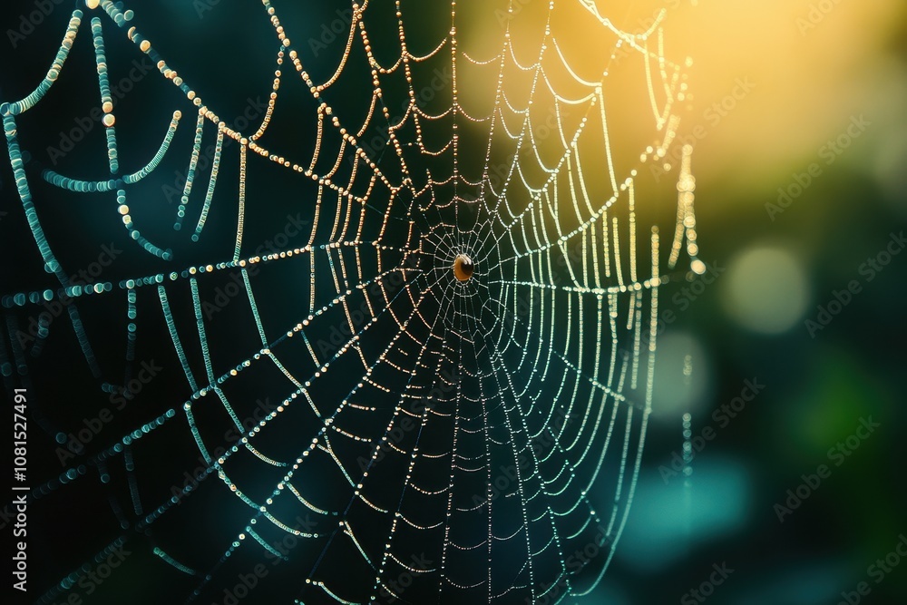 Naklejka premium Dew-covered spider web with a small spider in the center.