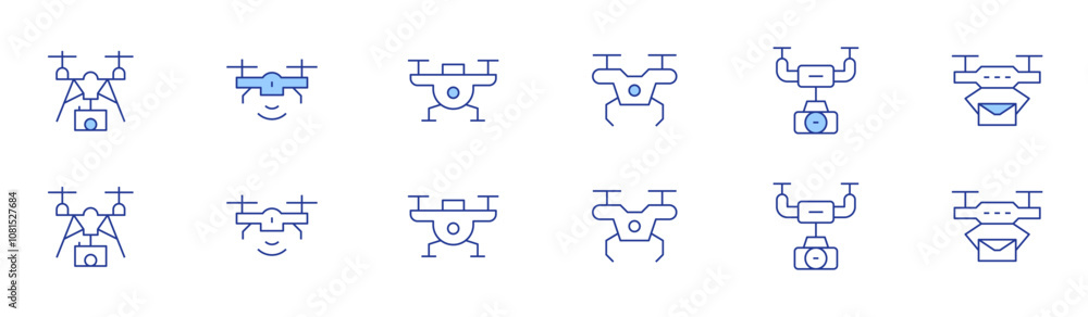 Drone icon set in two styles, Duotone and Thin Line style. Editable stroke. camera drone, drone, postal Drone icon set in two styles, Duotone and Thin Line style. Editable stroke. camera drone, drone, postal