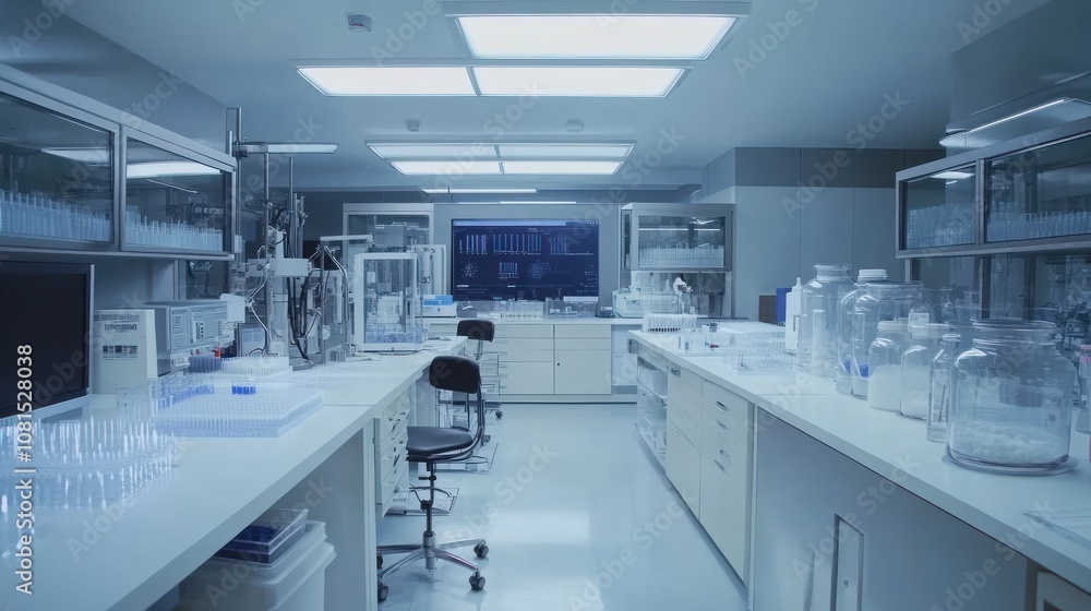 A modern laboratory with equipment and glassware for scientific research. A modern laboratory with equipment and glassware for scientific research.