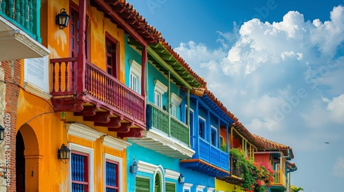 Close-up of a colorful row of colonial-style buildings on a lively street