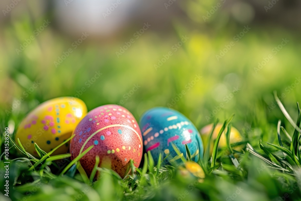 Four colorful Easter eggs in green grass, with a blurred green background. Four colorful Easter eggs in green grass, with a blurred green background.