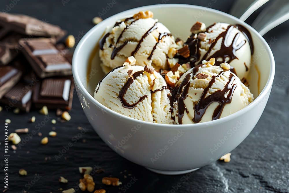 Close-up of vanilla ice cream with chocolate sauce, nuts, and pecans in a ceramic bowl Close-up of vanilla ice cream with chocolate sauce, nuts, and pecans in a ceramic bowl