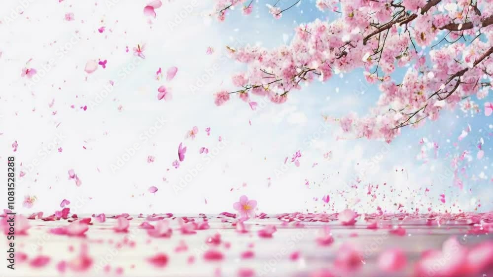 A serene scene of falling pink cherry blossom petals against a soft blue sky. A serene scene of falling pink cherry blossom petals against a soft blue sky.