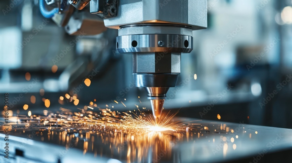 A laser cutting machine in action, producing sparks while cutting metal sheets. A laser cutting machine in action, producing sparks while cutting metal sheets.