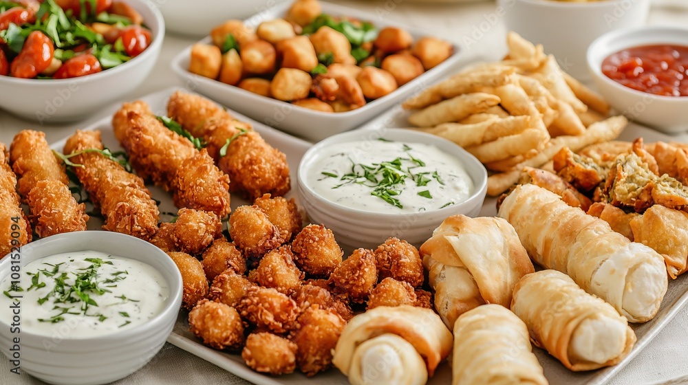 Snack time appetizer and finger food concept. Crunchy Finger Foods on a Platter Snack time appetizer and finger food concept. Crunchy Finger Foods on a Platter