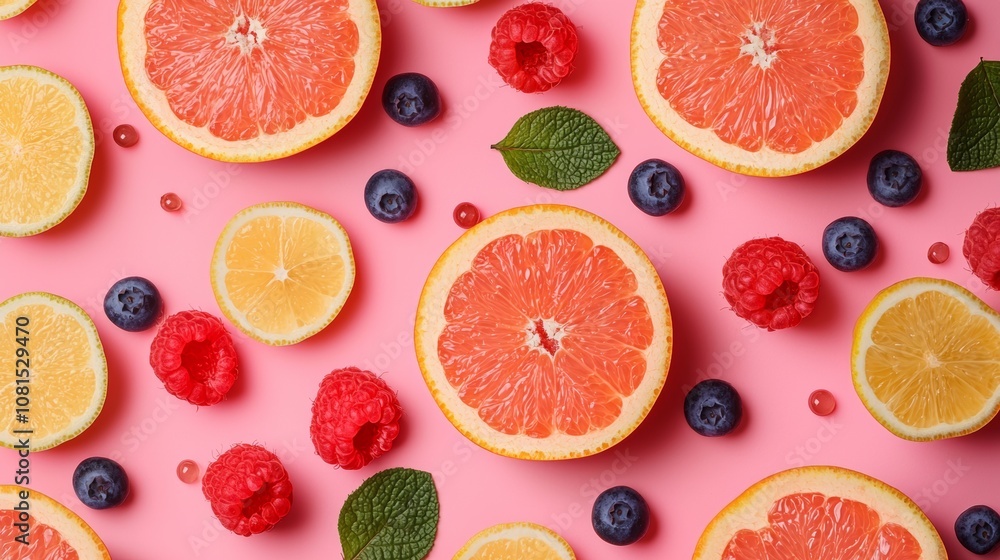 Citrus and berries flat lay on pink background Citrus and berries flat lay on pink background