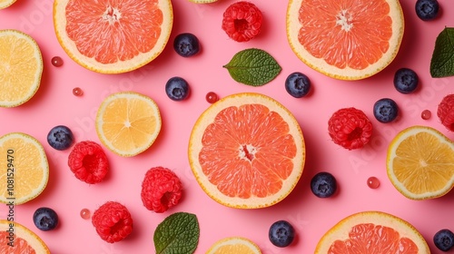 Citrus and berries flat lay on pink background