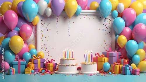 Birthday celebration with cake, balloons, and gifts