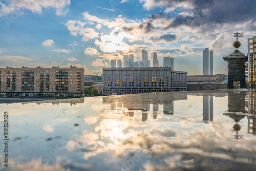 Photography View of Berezhkovskaya Embankment in Moscow with reflection on a mirror stone su