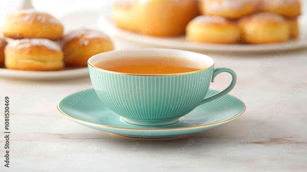 Tea break and relaxing time concept. Elegant Teacup Setup with Fresh Baked Treats Tea break and relaxing time concept. Elegant Teacup Setup with Fresh Baked Treats